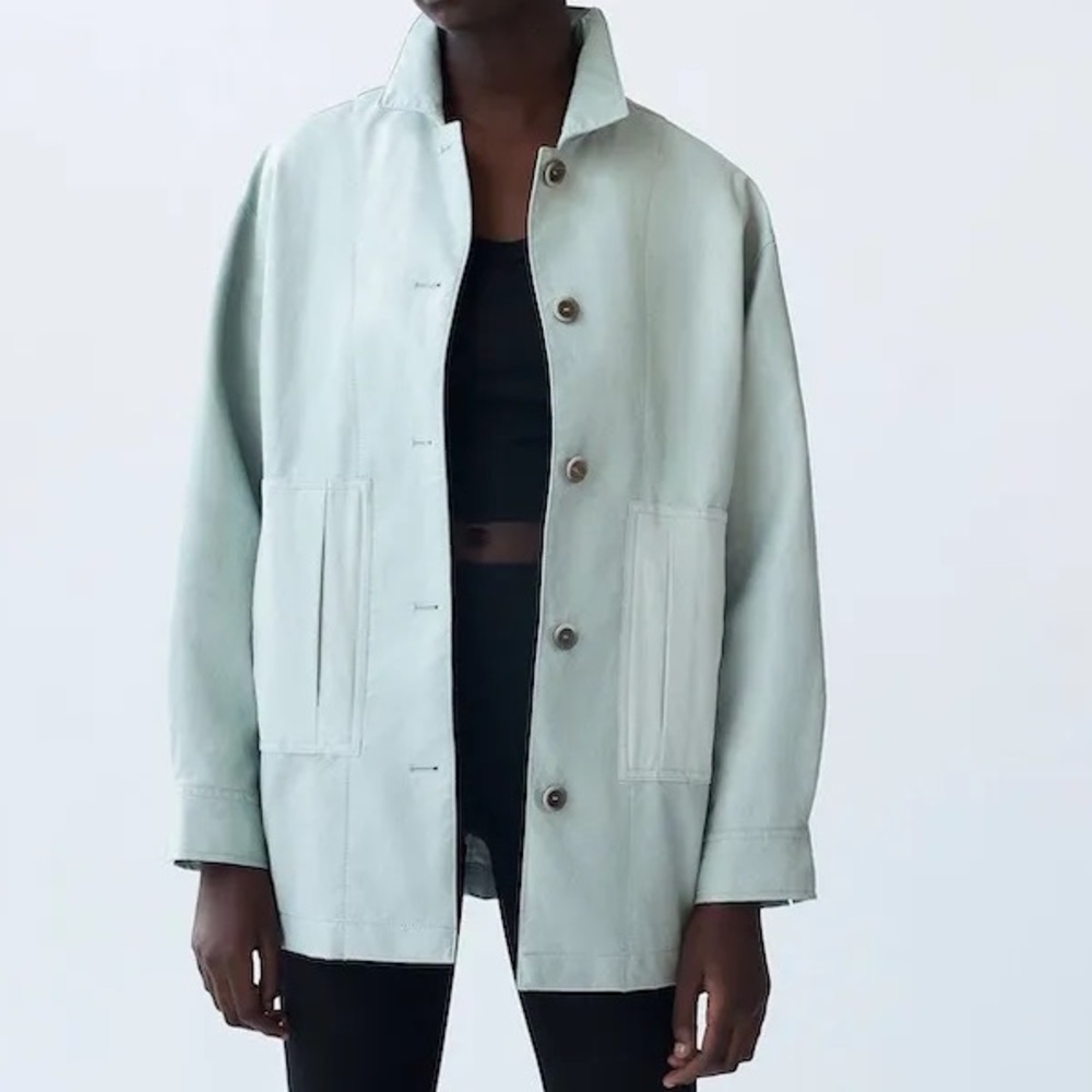 Zara Combination Oversized Mint Faux Leather Button Front Shacket Size S‎